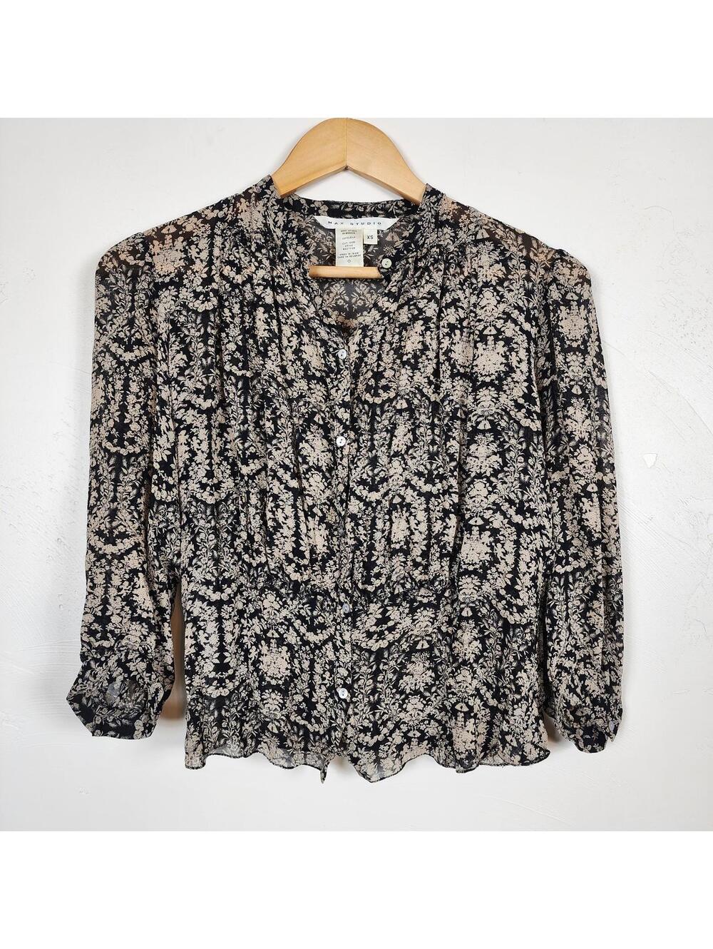 Max Studio Silk Blouse Black Beige Sheer Ruffle Victorian Boho Dark Academia SM